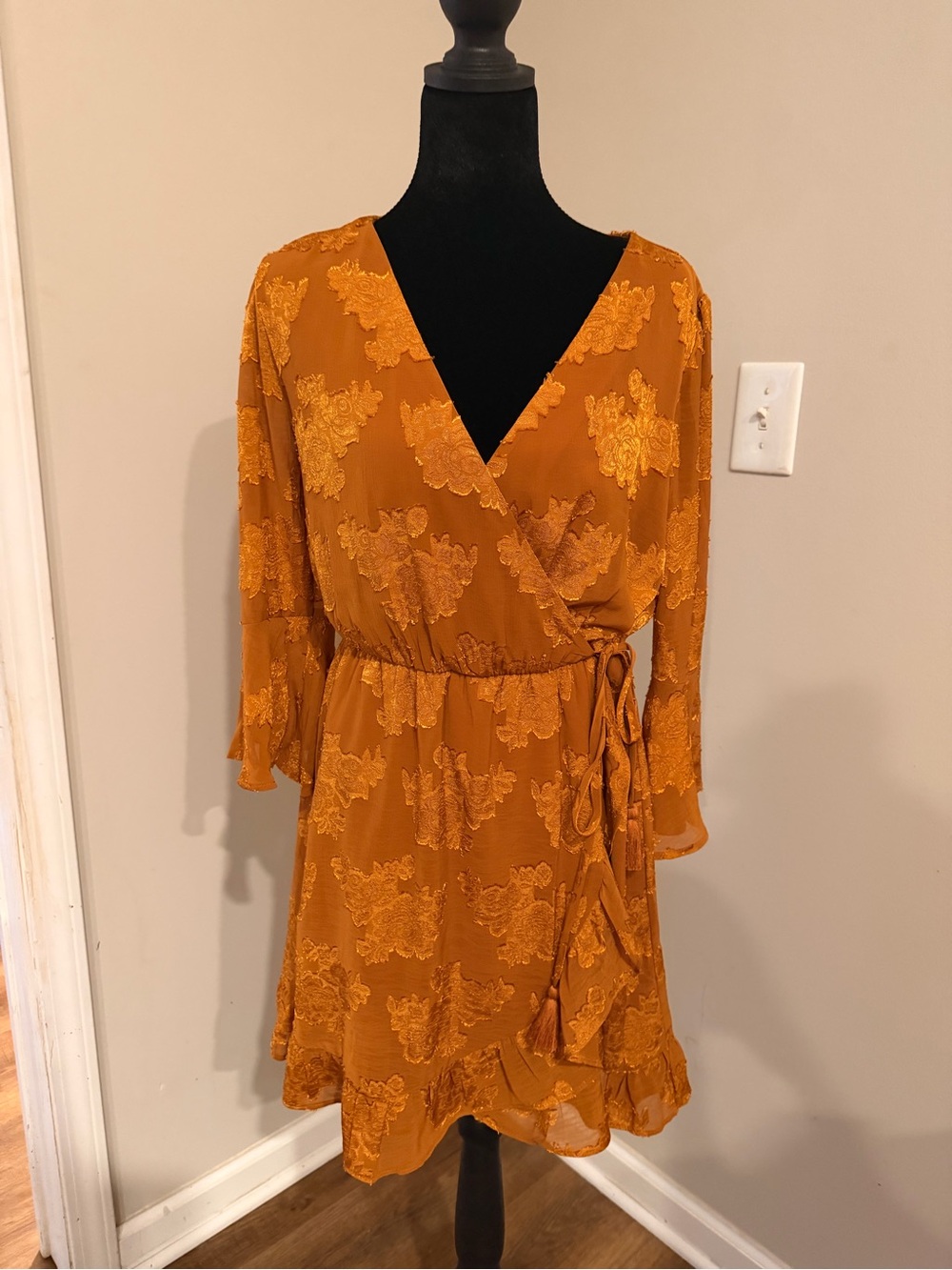 Allison & Kelly Mustard Yellow Wrap Dress with Floral Lace Appliqué